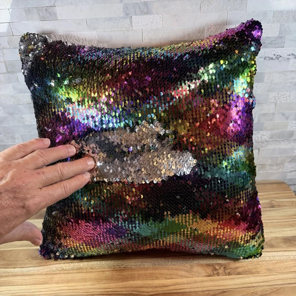 Rainbow Mermaid Flip Sequin Throw Pillow Reversible Silver Black‎ Accent Cushion